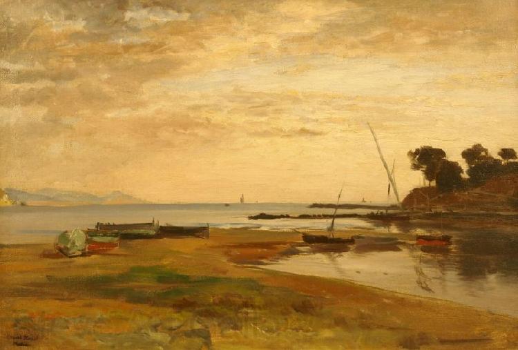 Albert Hertel Coastline at low tide in the evening light. Resting in the foreground dry sailing boats France oil painting art